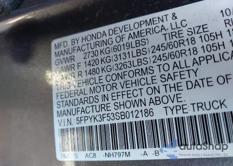 2025 Honda Ridgeline Rtl from USA, damaged, VIN 5FPYK3F53SB012186